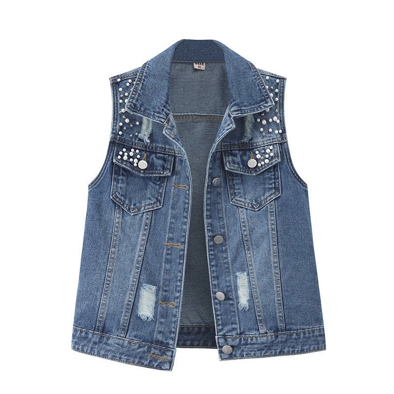 Women's Beaded Loose Denim Vest - CasualFlowshop