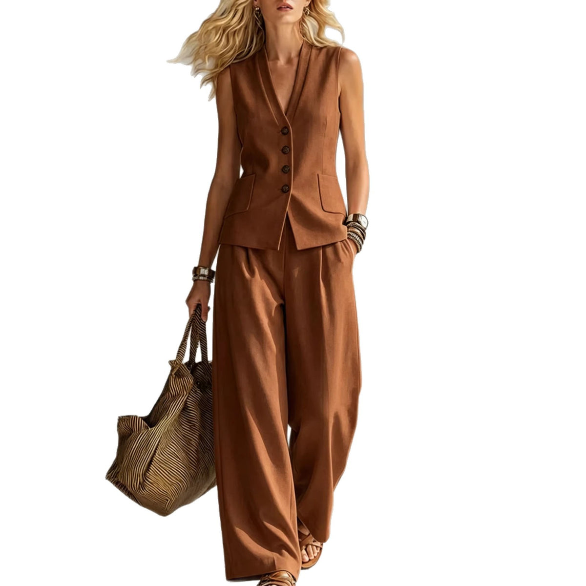 V-Neck Vest and Loose Trousers Set  For Woman  - At Casual Flow Shop