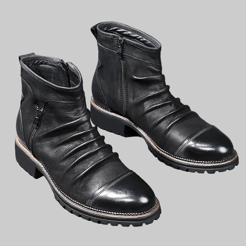 Cowboy Leather Martin Boots - Mid Heel, Side Zipper - CasualFlowshop