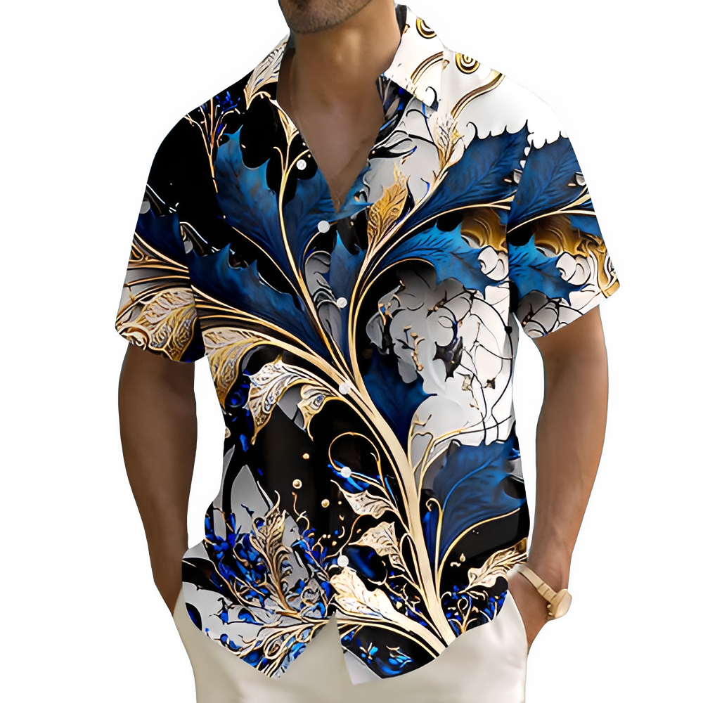 Man wearing a colorful floral patterned shirt on a white background