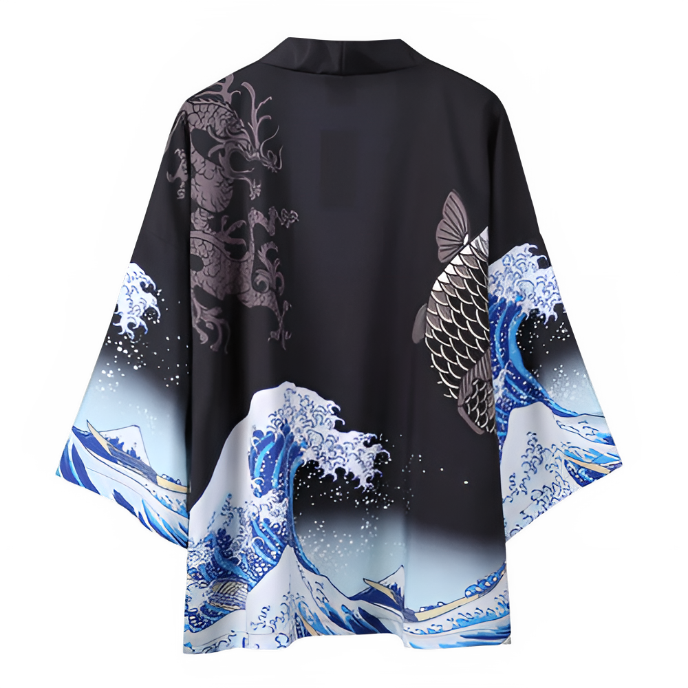 Wave Print Kimono Cardigan - Black - Beach Cover-Up"