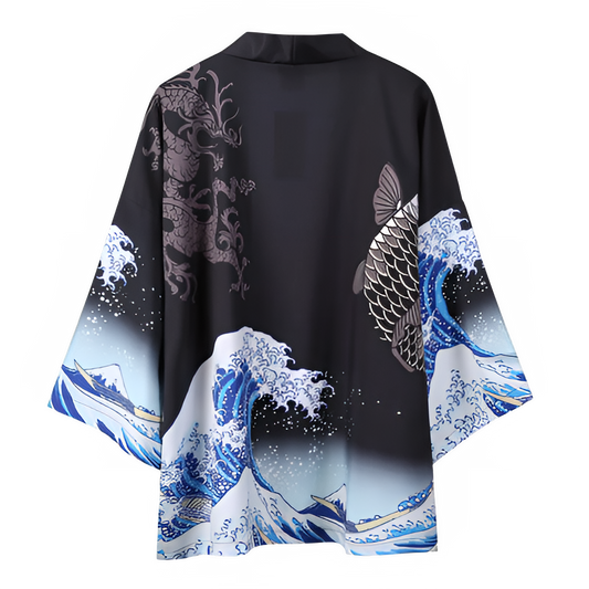 Wave Print Kimono Cardigan - Black - Beach Cover-Up"