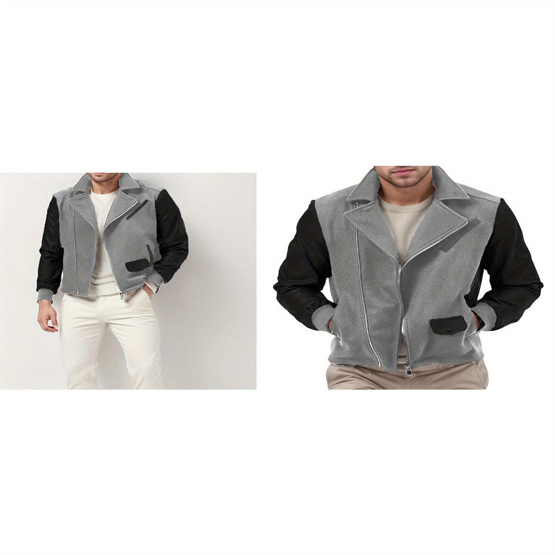 Two views of a gray and black jacket worn by a person on a white background