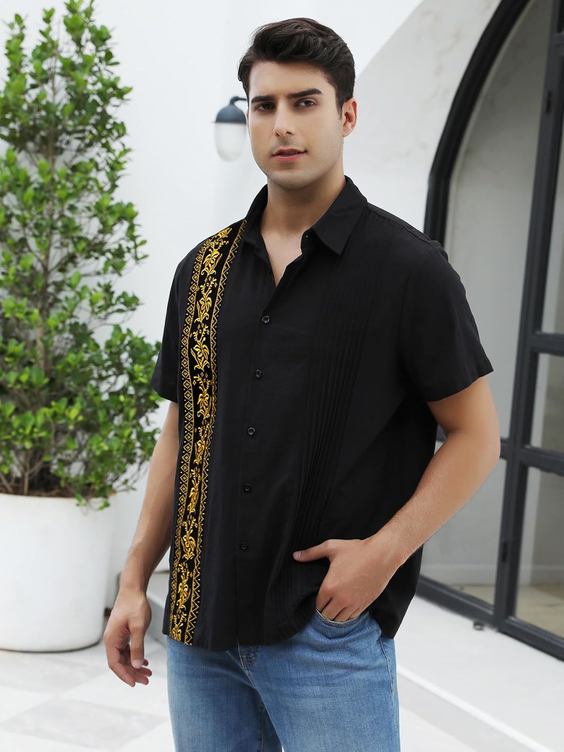 Men’s Black & Gold Guayabera Shirt – Traditional Mexican Elegance - CasualFlowshop