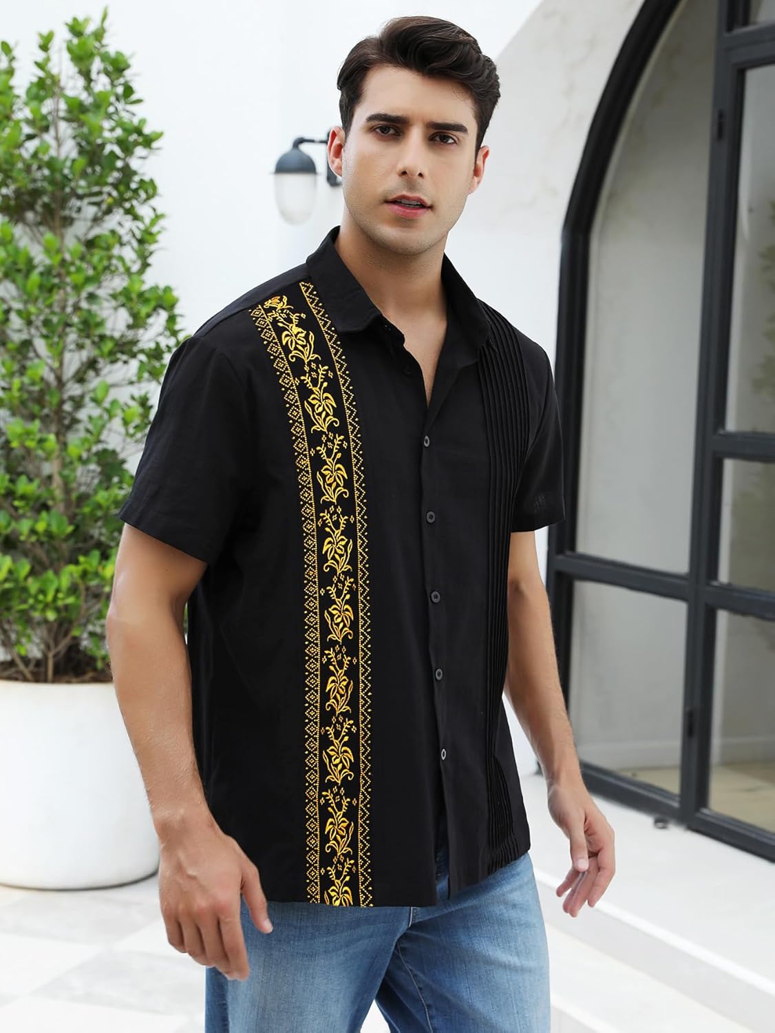 Men’s Black & Gold Guayabera Shirt – Traditional Mexican Elegance - CasualFlowshop