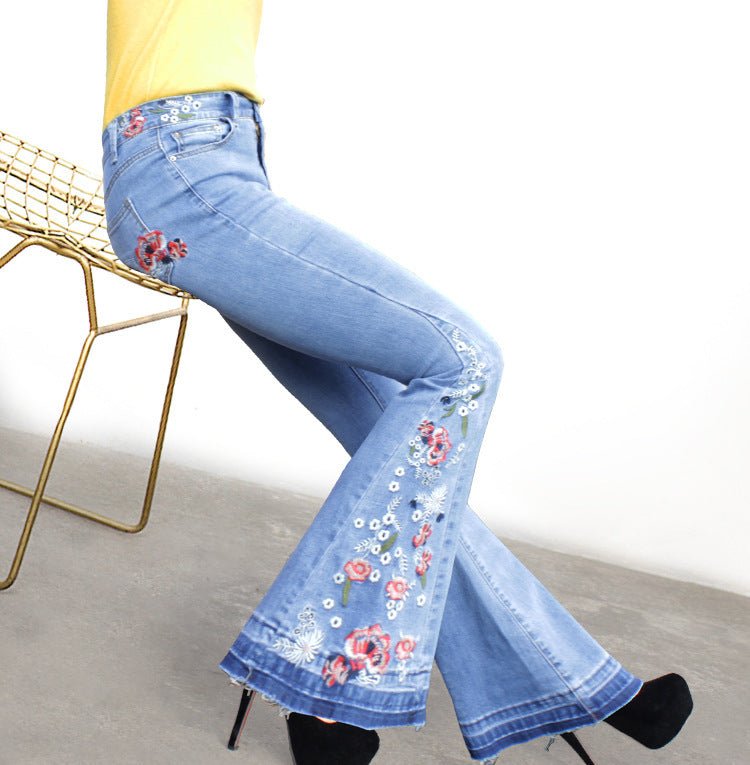 Women's Embroidered Denim Flared Pants – Light Wash, Wide Leg, Mid Waist - CasualFlowshop