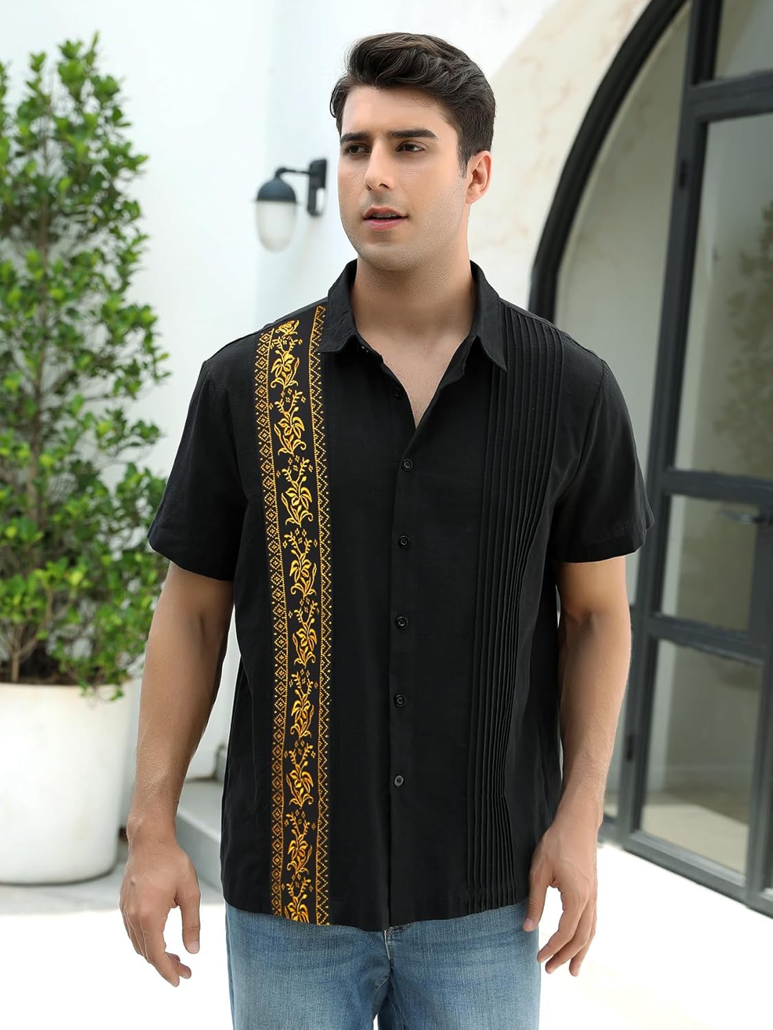 Men’s Black & Gold Guayabera Shirt – Traditional Mexican Elegance - CasualFlowshop