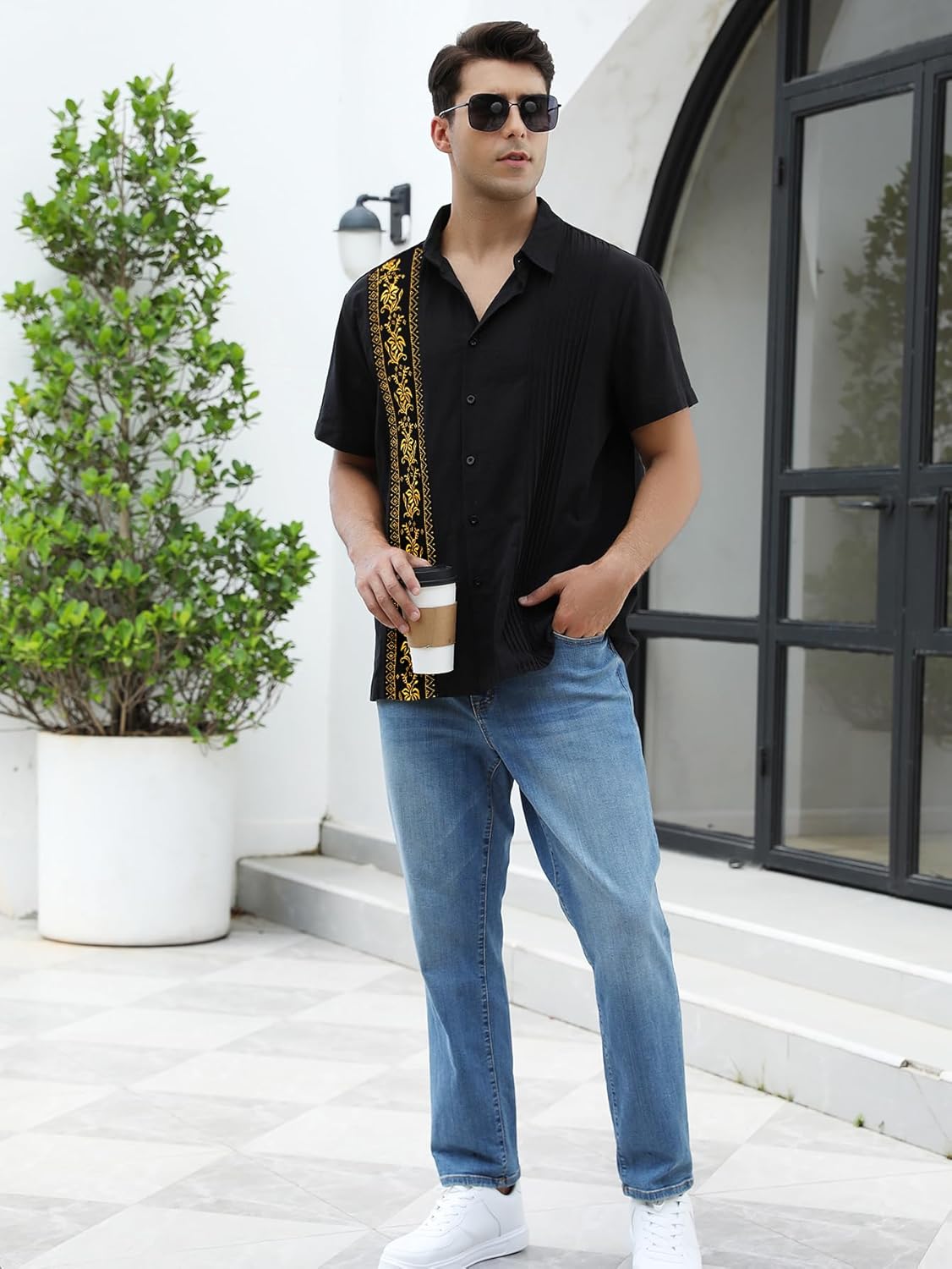 Men’s Black & Gold Guayabera Shirt – Traditional Mexican Elegance - CasualFlowshop