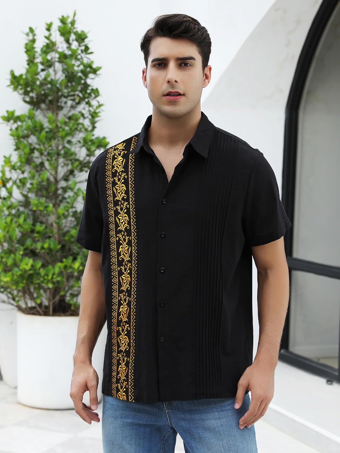 Men’s Black & Gold Guayabera Shirt – Traditional Mexican Elegance - CasualFlowshop