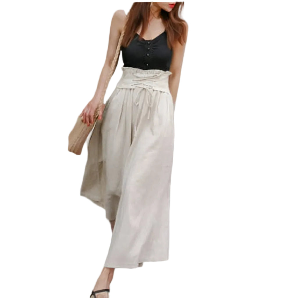 Lace - up high waist wide leg pants trousers - CasualFlowshop