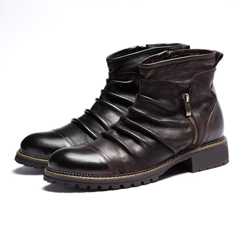Cowboy Leather Martin Boots - Mid Heel, Side Zipper - CasualFlowshop