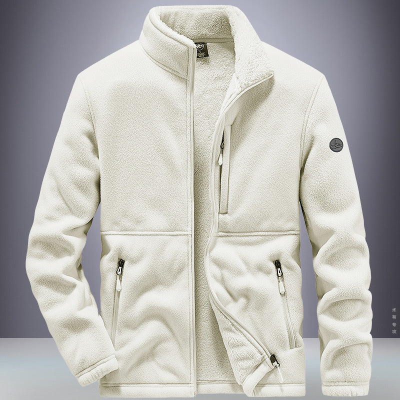 White fleece jacket with zippers on a gray background