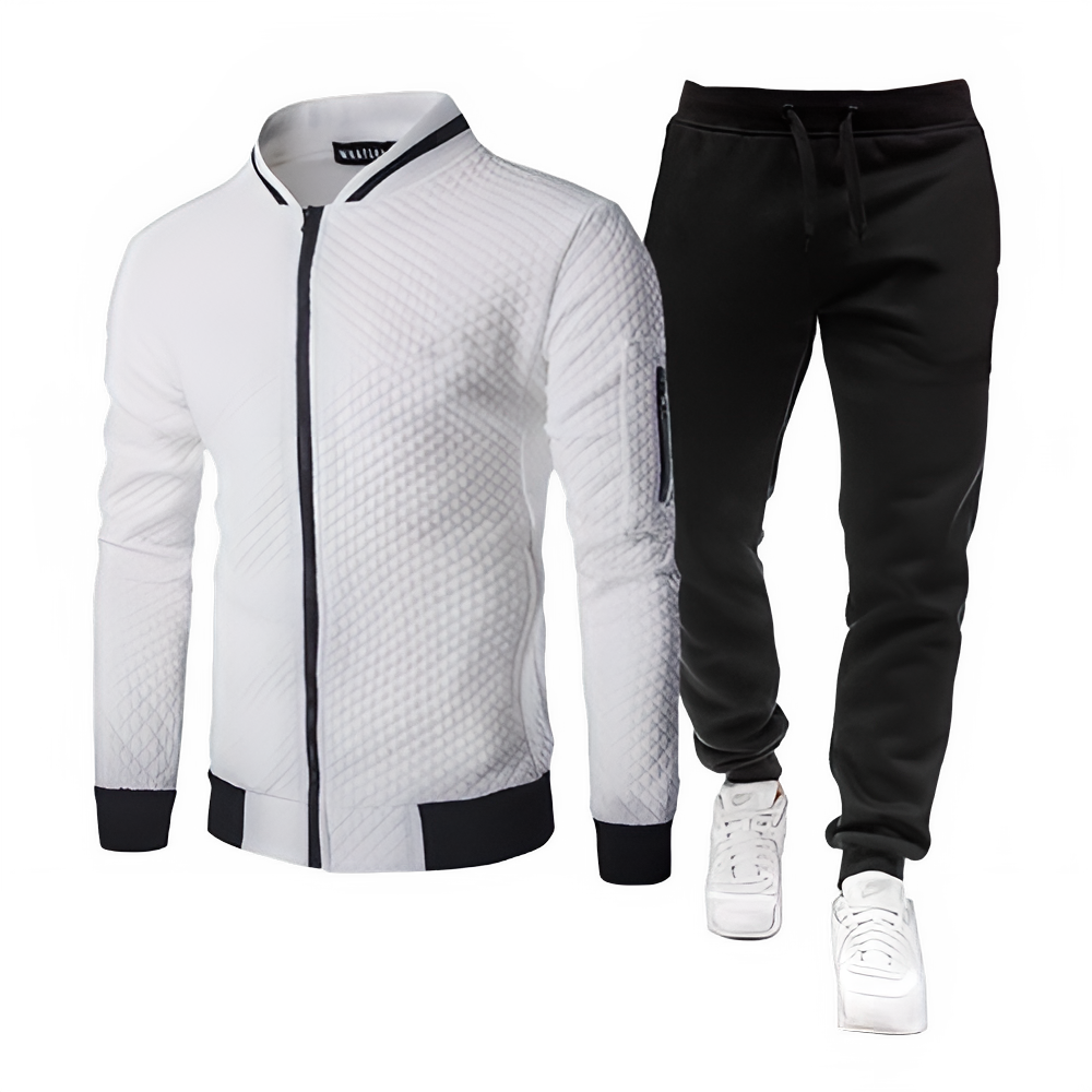 White quilted Men’s Hooded Cotton Tracksuit Set with black accents and black pants on a white background