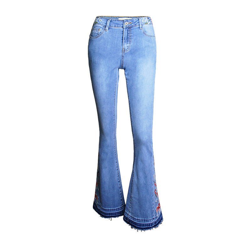 Women's Embroidered Denim Flared Pants – Light Wash, Wide Leg, Mid Waist - CasualFlowshop