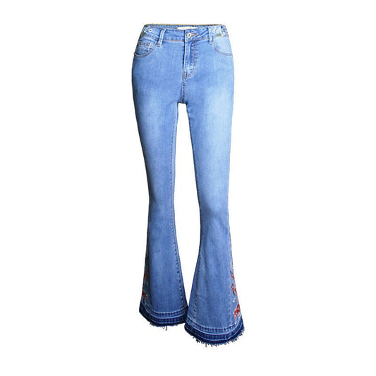 Women's Embroidered Denim Flared Pants – Light Wash, Wide Leg, Mid Waist - CasualFlowshop