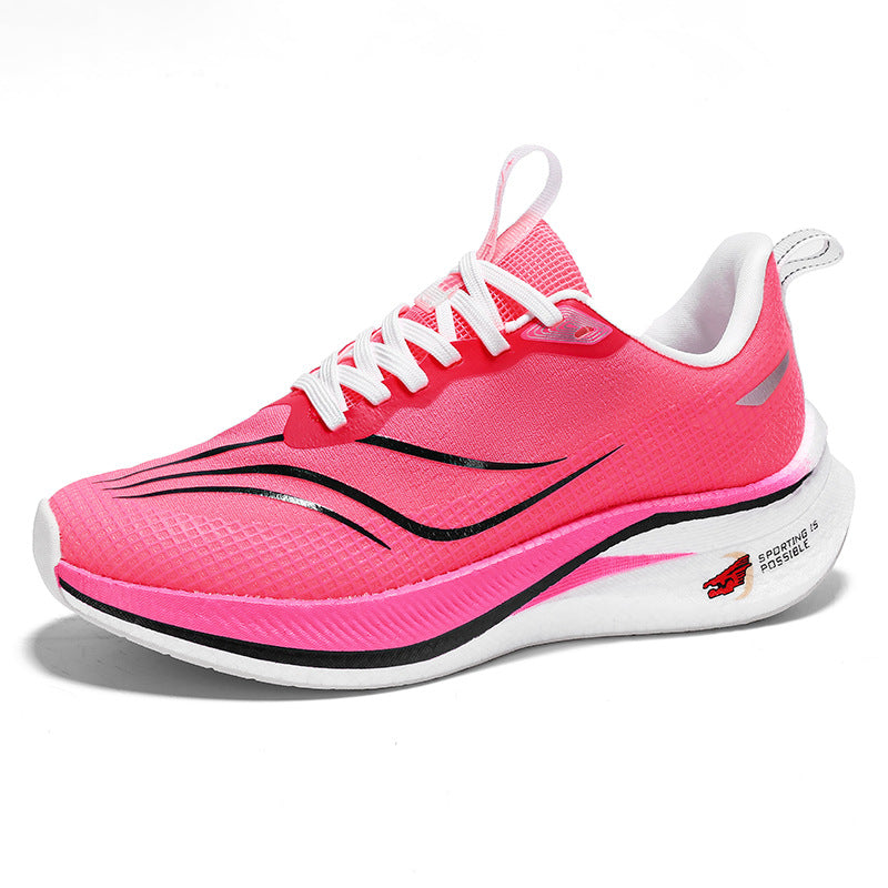 Pink running shoe with white laces on a white background