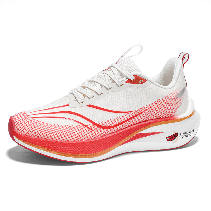 White and red running shoe on a white background