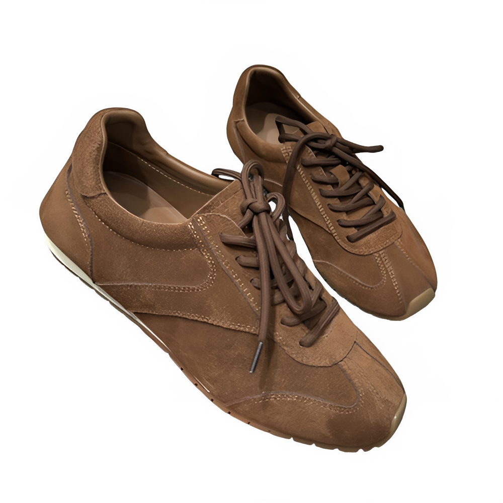 Women's brown suede sneakers with lace-up closure and non-slip rubber outsole