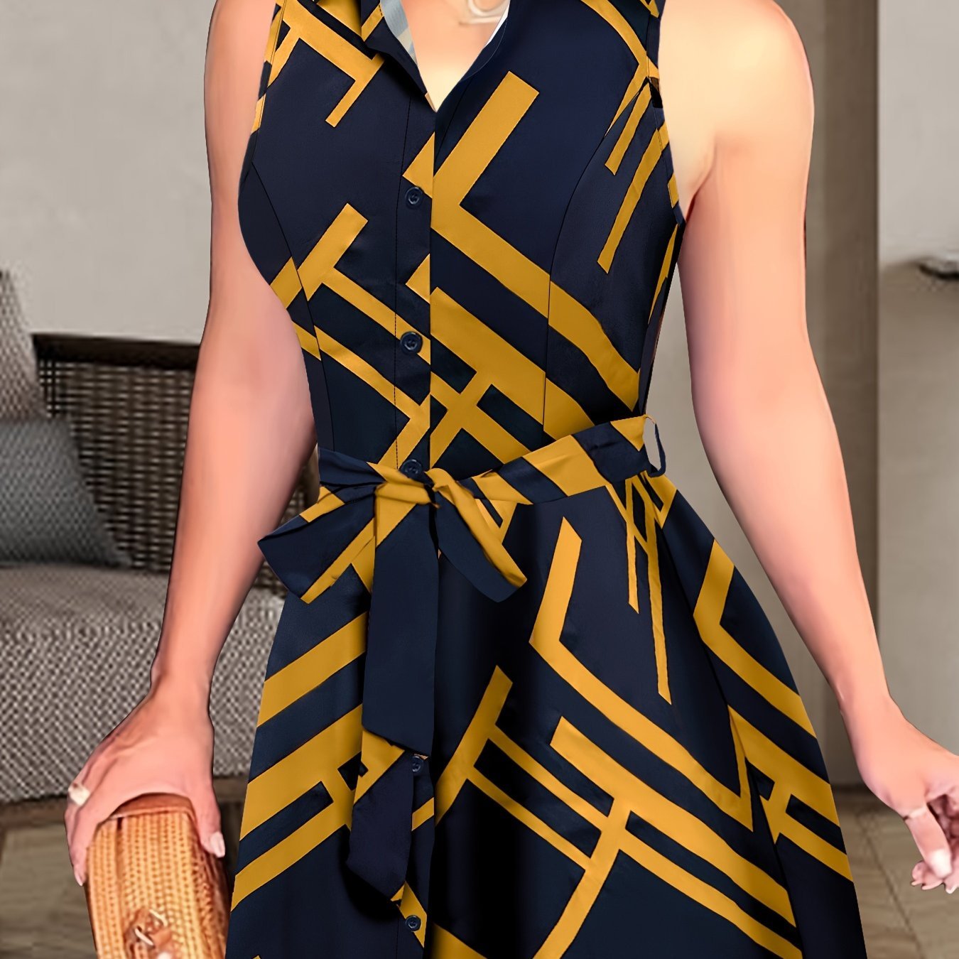 Stylish Abstract Sleeveless Dress with Tie - waist - Chic Semi - Sheer Summer Fashion for Women - CasualFlowshop