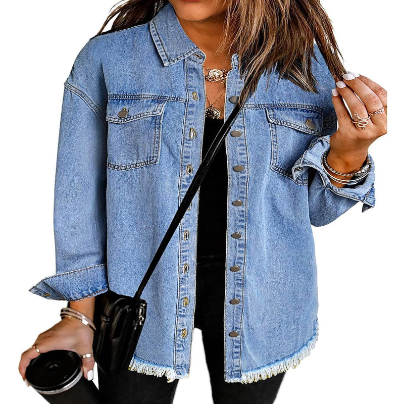 Women’s Casual Oversized Denim Shacket with Pockets – Fast Delivery - CasualFlowshop