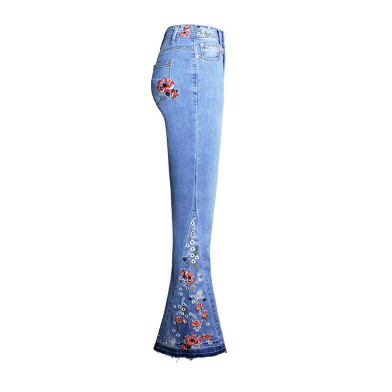 Women's Embroidered Denim Flared Pants – Light Wash, Wide Leg, Mid Waist - CasualFlowshop