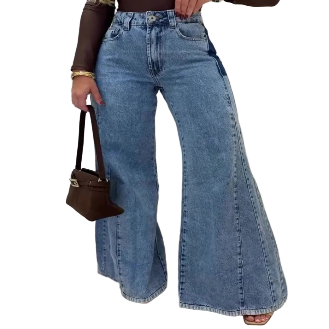 Women's high waisted flare jeans in light wash denim – full length silhouette