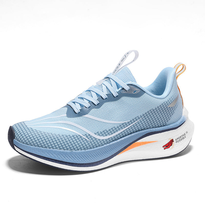 Light blue running shoe with orange accents on a white background