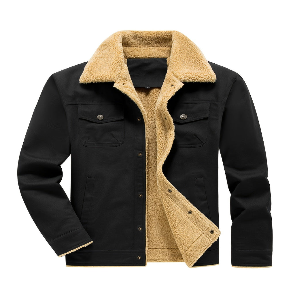 Men’s color block fleece-lined winter jacket with hood, black outer shell and warm beige lining