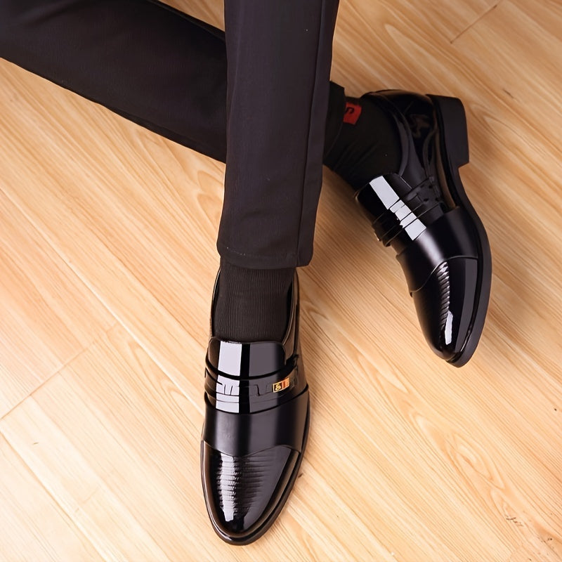 Black  Luxury Leather Men's Shoes with metallic accents worn on a wooden floor.