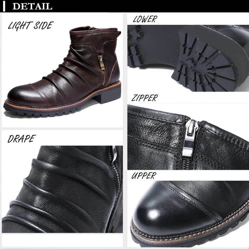 Cowboy Leather Martin Boots - Mid Heel, Side Zipper - CasualFlowshop