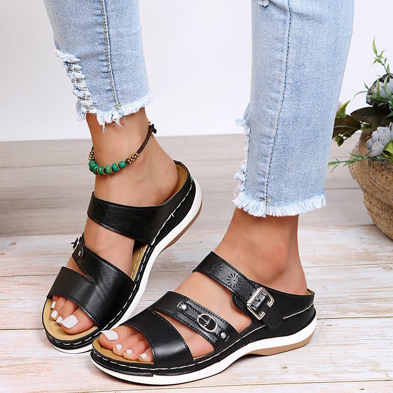 Fashion Wedge Ladies Casual Sandals with hollow-out design and PU upper.