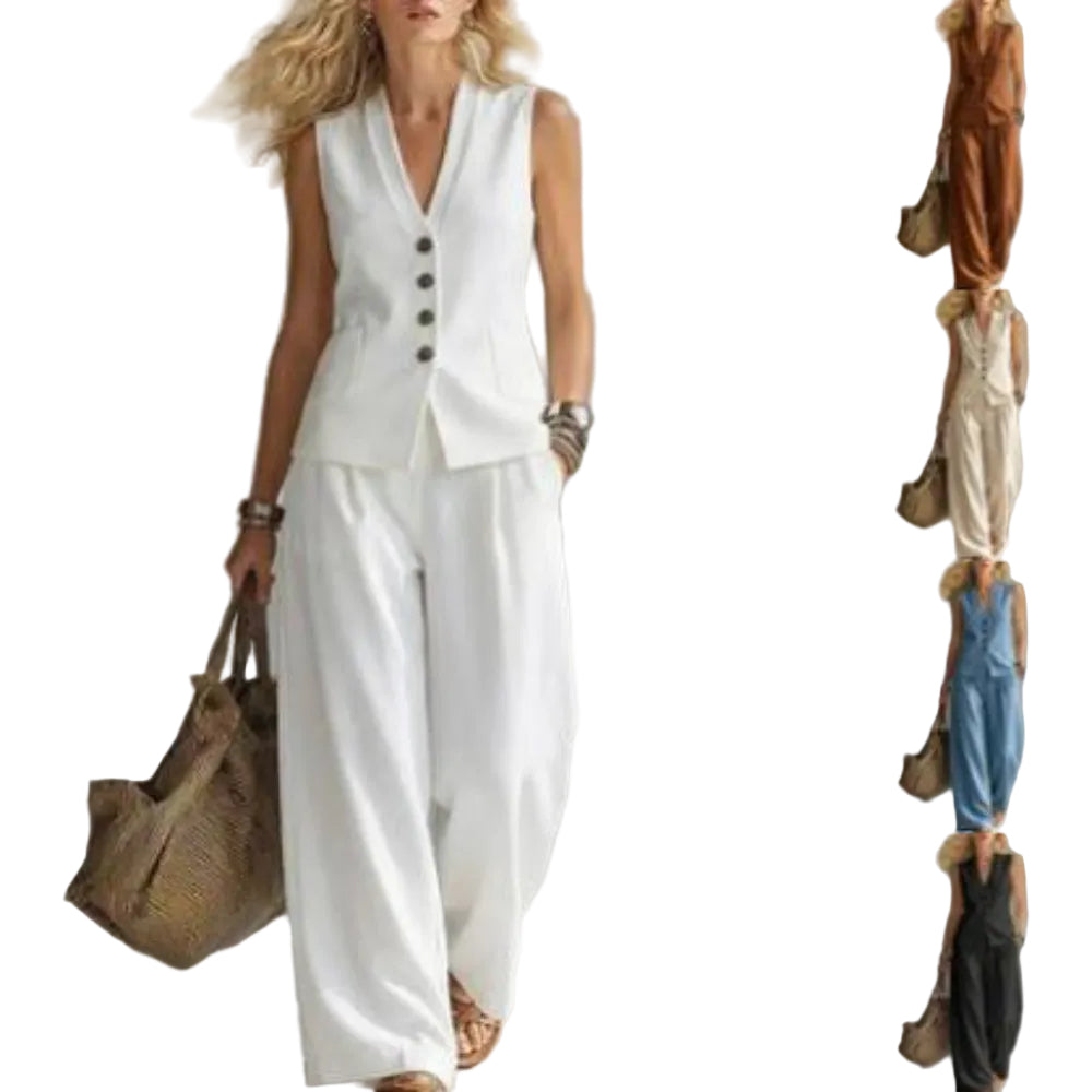 V-Neck Vest and Loose Trousers Set  For Woman  - At Casual Flow Shop
