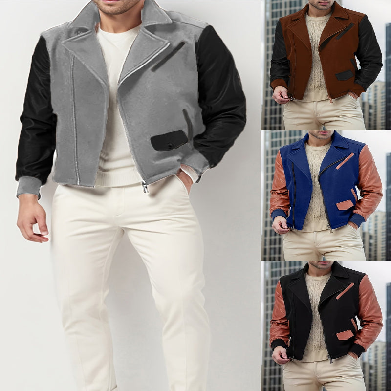 Collage of men wearing different color combinations of vests and jackets with white pants.