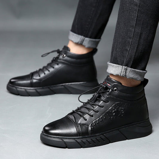 Men's All - Black Leather High - Top Sneakers – Urban Style - CasualFlowshop