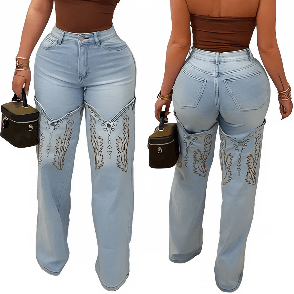 Women’s high waisted embroidered straight leg jeans light wash denim