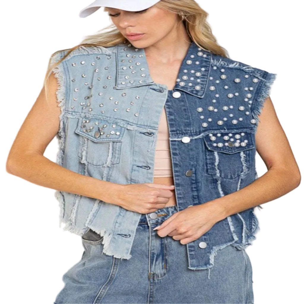 Splicing Beads Loose Women's Short Denim Vest - CasualFlowshop