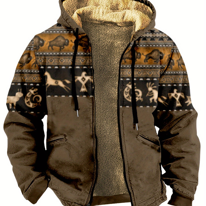 Brown jacket with patterned hood and fleece lining on a white background
