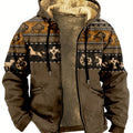 Brown jacket with patterned hood and fleece lining on a white background