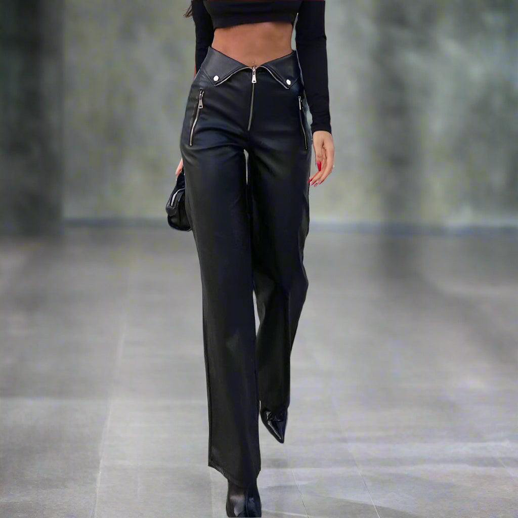 Step Up Your Fashion Game with Our Vegan Leather Wide Leg Pants - CasualFlowshop
