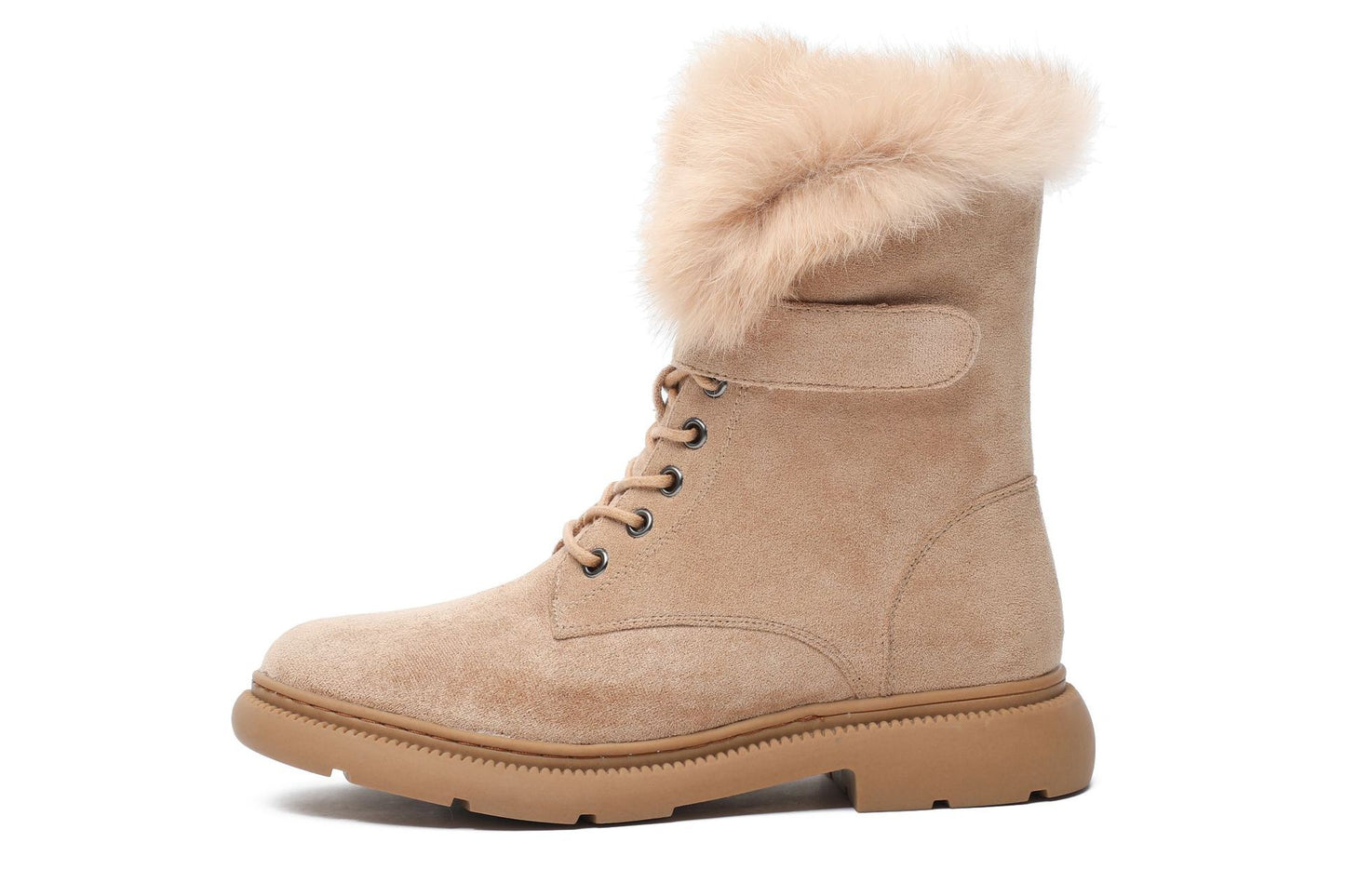 Close-up of women’s faux fur winter boots showing soft fur lining and durable platform sole.