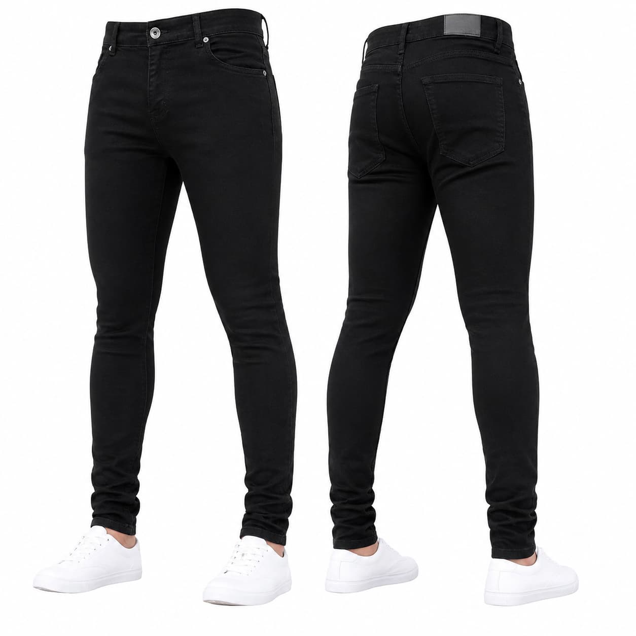 Black jeans shown from front and back on a white background