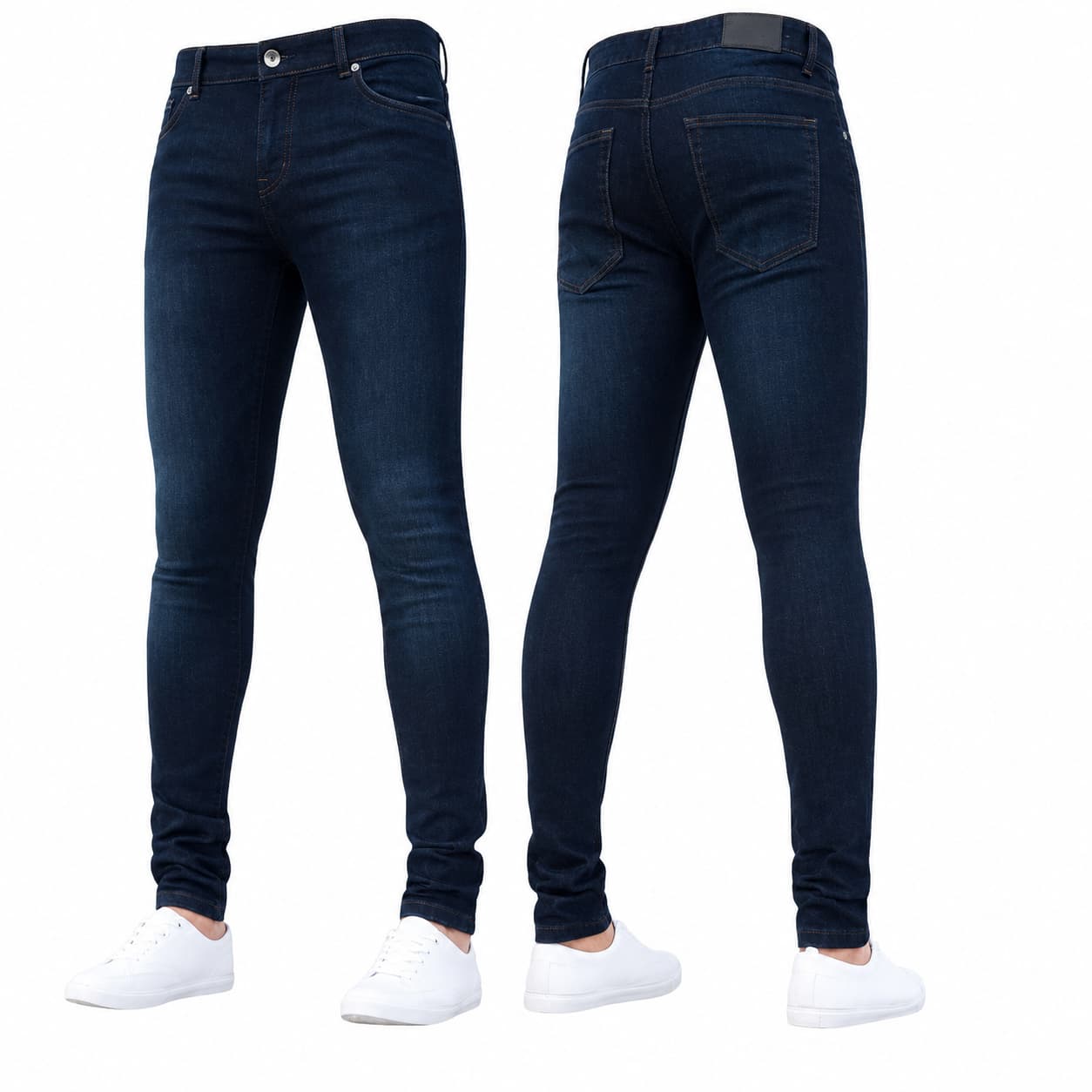 Dark blue jeans shown from front and back on a white background