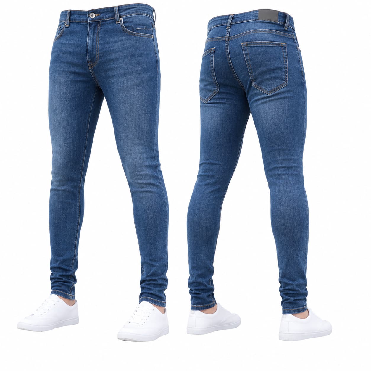 Blue jeans shown from front and back on a white background