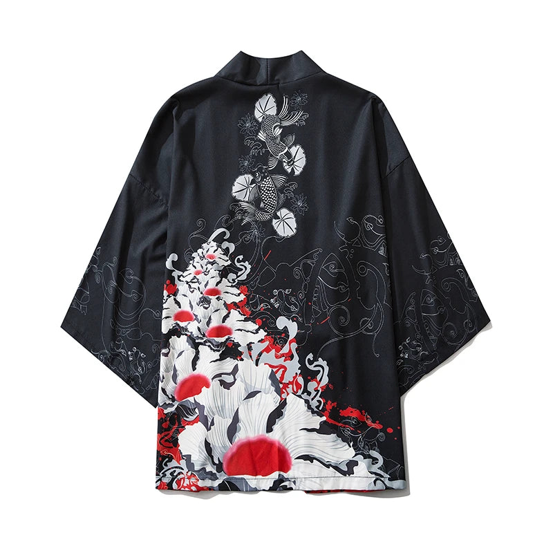 Black kimono with white, red, and gray floral patterns on a white background