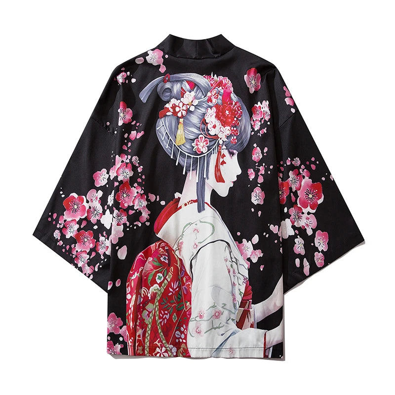 Wave Print Kimono Cardigan - Black - Beach Cover-Up"
