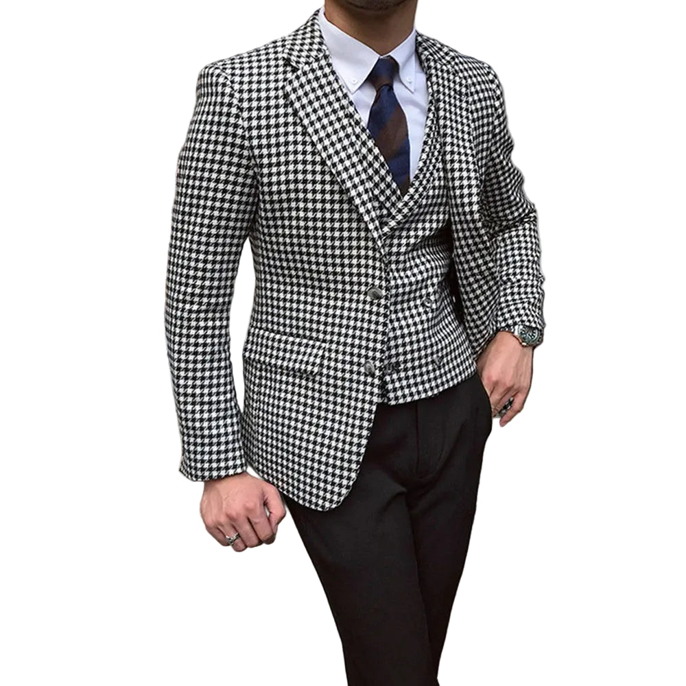Men's slim fit 3-piece suit set houndstooth black white – jacket vest and pants
