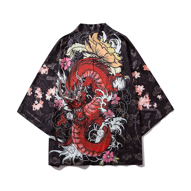 Black kimono-style garment with red dragon and floral designs on a white background