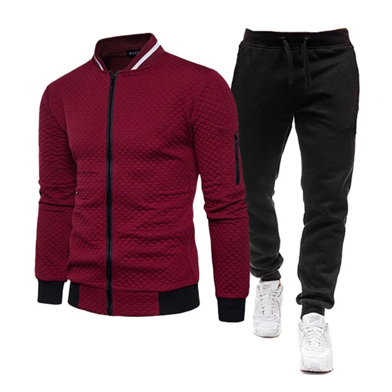 Maroon quilted Men’s Hooded Cotton Tracksuit Set with white sneakers on a white background