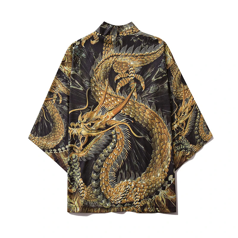 Wave Print Kimono Cardigan - Black - Beach Cover-Up"