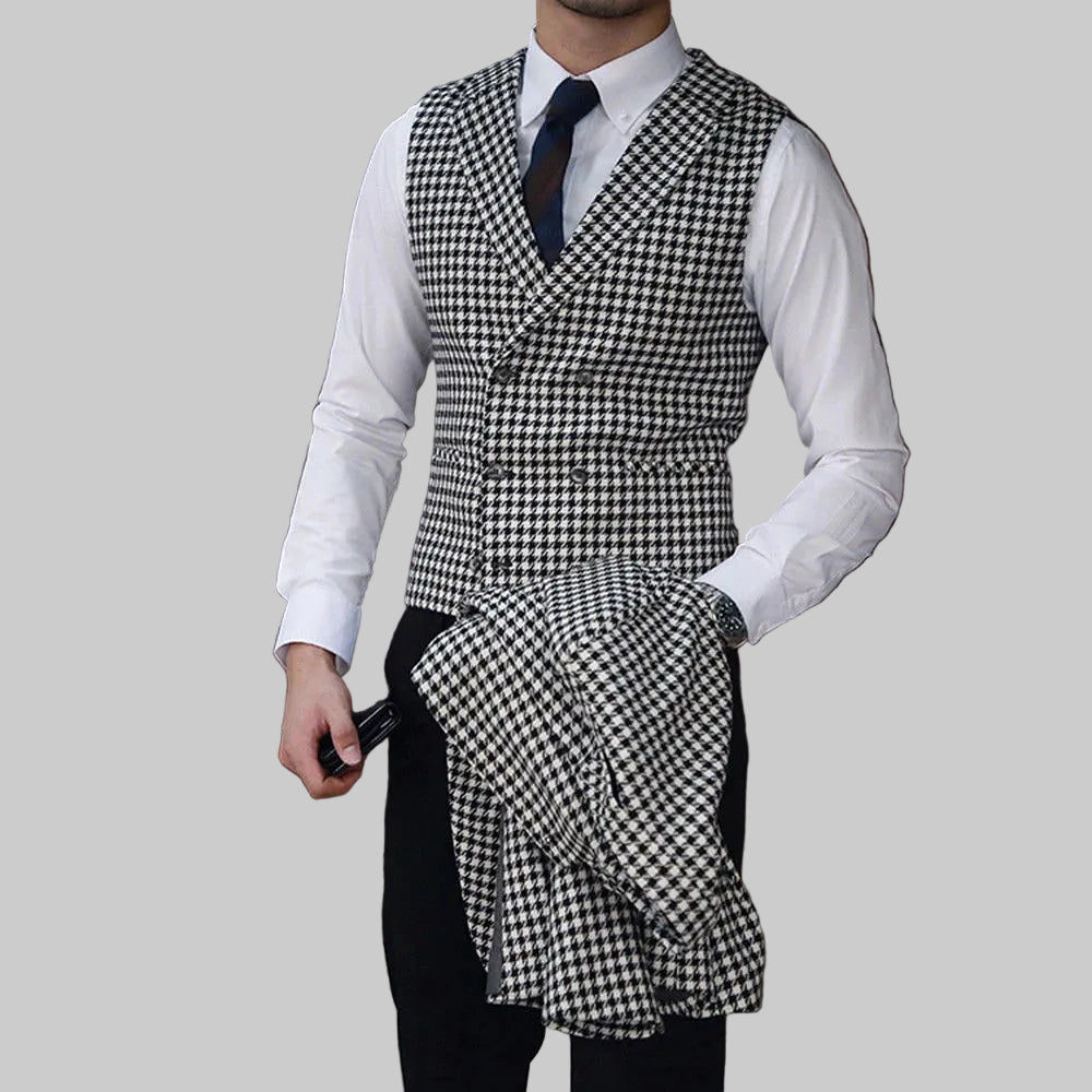 Men's slim fit 3-piece suit set houndstooth black white – jacket vest and pants
